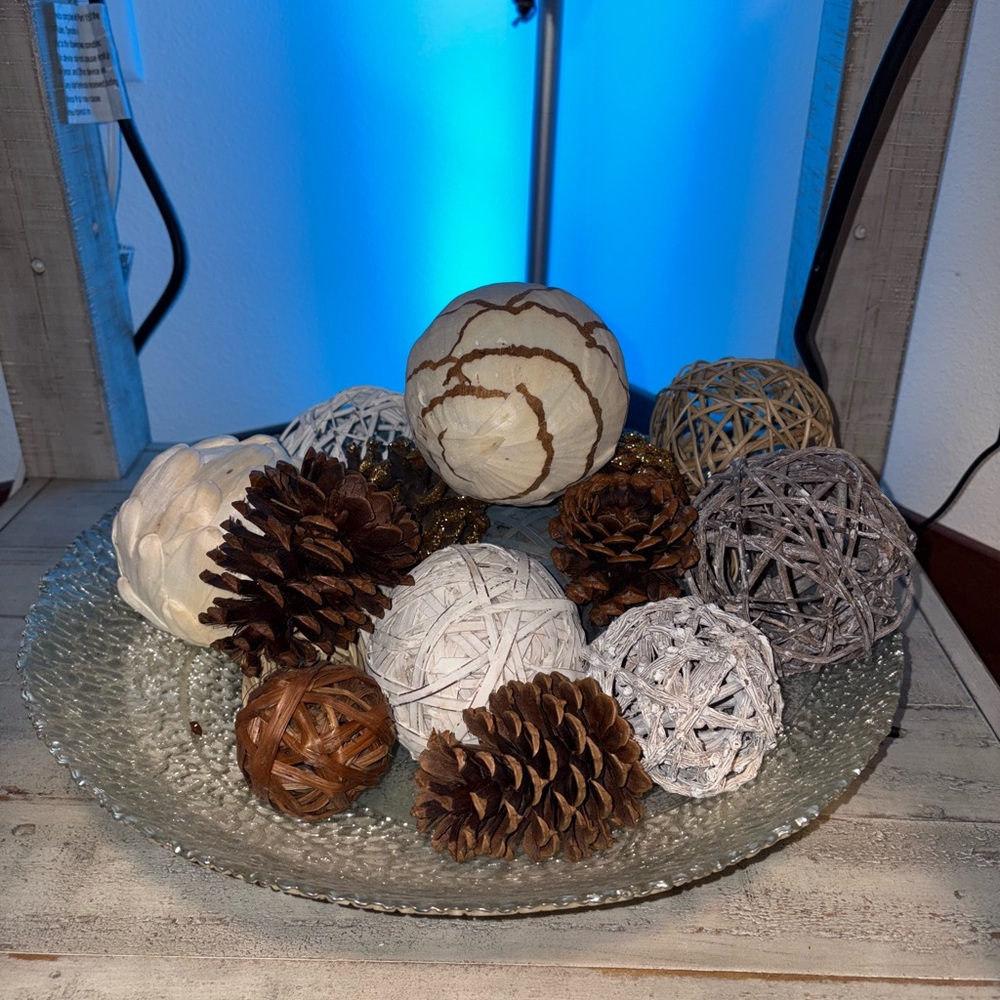 Decorative Holiday Bowl with Pinecones and Rattan Balls
